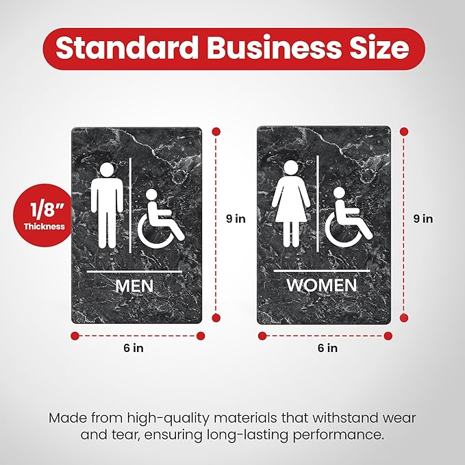 Promot Men and Women Restroom Sign – ADA Braille Bathroom Sign for Business, Self-Adhesive, 9" x 6", Commercial Door Signage, Office Wall Decor - Marble Charcoal