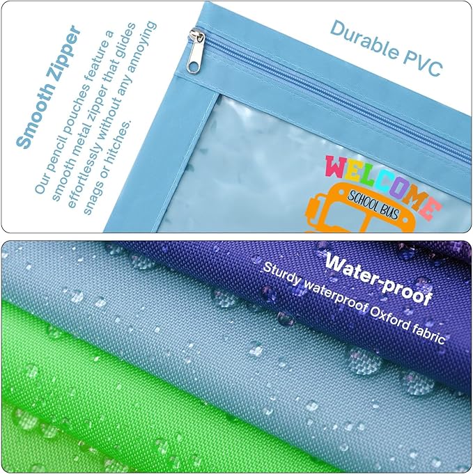 Pencil Pouch for 3 Ring Binder, School Bus Back to School Cartoon Pattern Zipper Pencil Case Bag with Clear Window