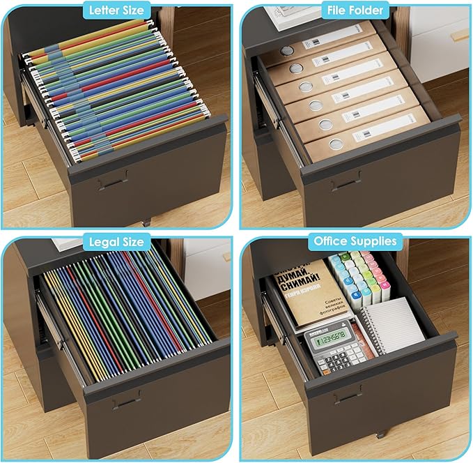 Aobabo 2 Drawer File Cabinet with Wheels, Lockable Metal Filing Cabinet with Business Card Slot for Legal/Letter Size Home Office, Required Assembled,Black