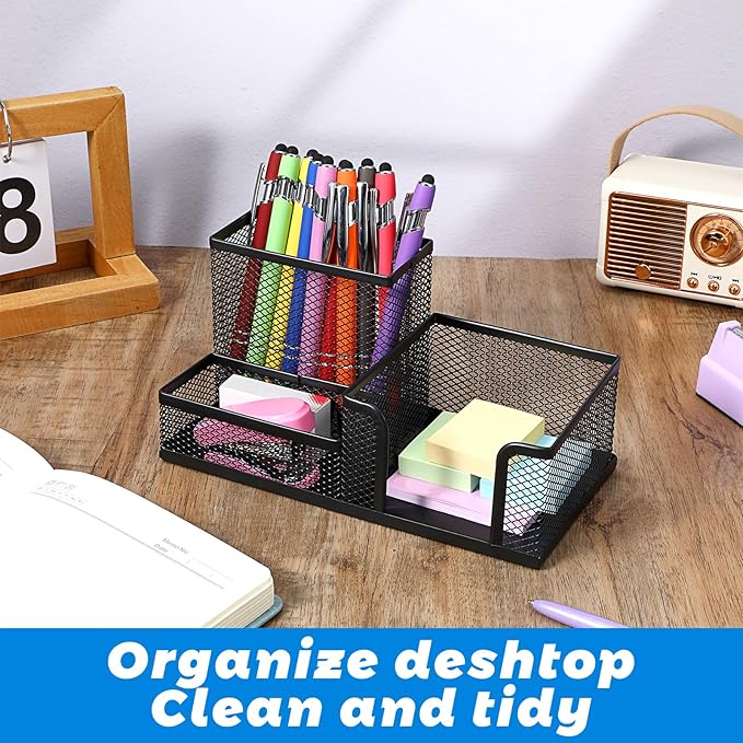 Mesh Pen Pencil Holder Note Holders Desk Organizer, 3 Compartment Wire Desktop Pen Pencil Cup Caddy Office Supplies Accessories for Home Office School, Black(4 Pack)