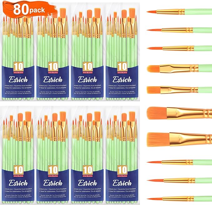 ESRICH Paint Brushes Set,8 Packs 80 Pcs Acrylic Paint Brush Set,Acrylic Oil Watercolor, Face Nail Art, Miniature Detailing,Rock Painting,Painting Artist Professional Kits(Green) ﻿