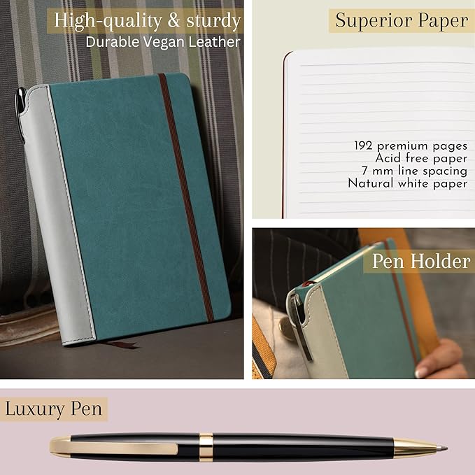 SETTINI® Lined Journal - Sleek Teal Journal for Writing Gift Set - Hardcover Vegan Leather, Includes Luxury Pen in a Unique Pen Holder, 192 Pages, 6 x 8.5 inches, Birthday Gift