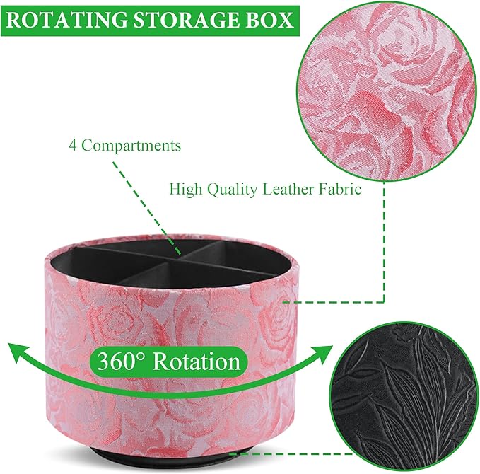 QIELIZI Round Leather Art Supply Organizer,Remote Control Holder,360 Degree Rotating,Multi-Functional Pencil Holder,4 Compartments Desktop Stationary Organizer(1-3D Rose Pink)