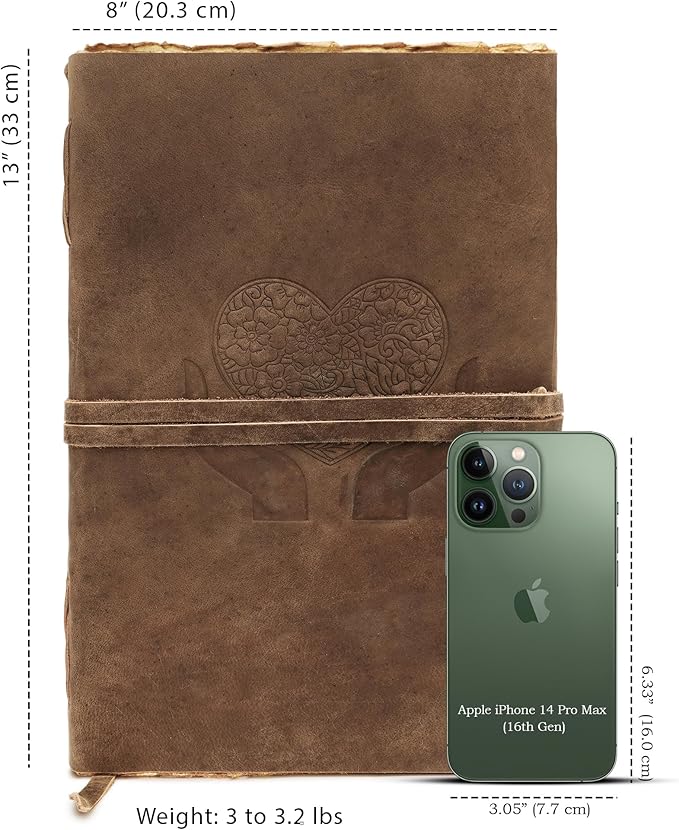 LUXEORIA Heart Journal for Women and Men, Handcrafted Leather Journal for Writing Womens, Sketchbook, Travel Diary with Unlined Deckle Paper, Distressed Brown 8x13
