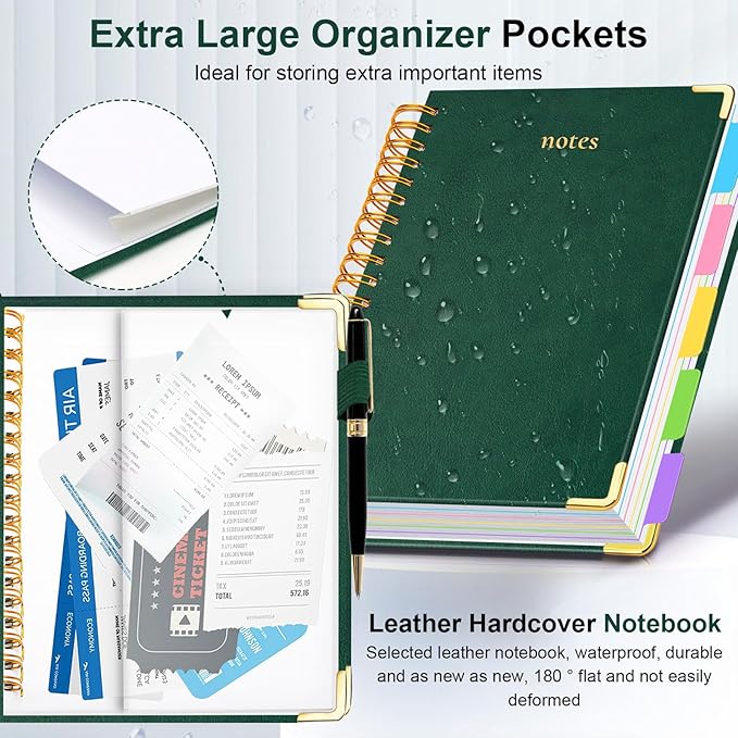 Hardcover Spiral Notebook 8"x10" Journal Notebook with Tabs and Removable Dividers 300 Pages 5 Subject Notebook College Ruled, Faux Leather Spiral Bound Notebook for Women, Students, School Work (Green)