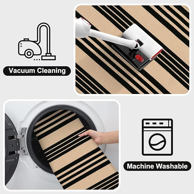 OJIA Outdoor Patio Rug 5'x7', Black and Tan Striped Outdoor Rugs Machine Washable Area Rugs Cotton Hand Woven Indoor Outdoor Rugs for Bedroom/Living Room/Front Porch/Deck/Backyard/Camping
