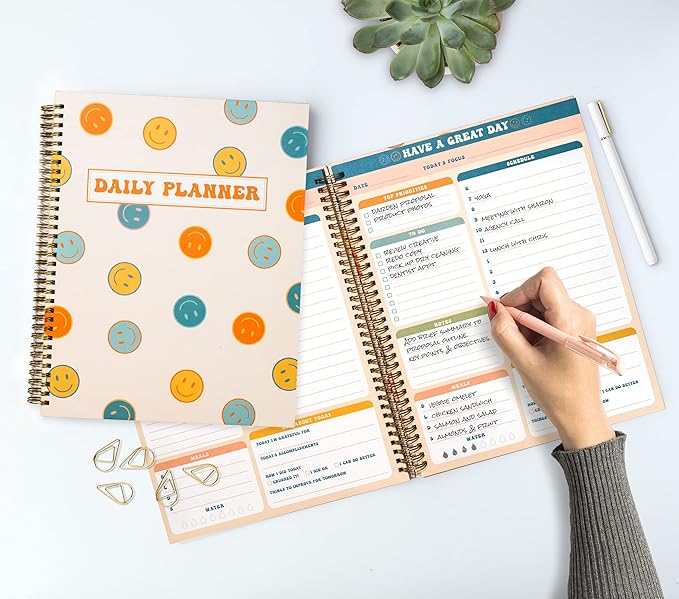 Undated Daily Planner Notebook 8.5x11, To Do List Notebook, Habit Tracker Journal, A4 Large Hardcover Spiral Schedule Notebook Planner, Retro Aesthetic Daily Planner Undated for Students Girls Teens
