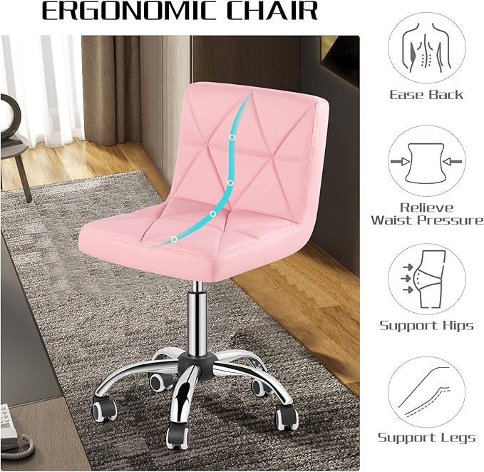 COSVALVE Armless Desk Chair, Mid Back Swivel Office Chair, Adjustable Task Chair with Rolling Wheels and Diamond Pattern, for Home Computer Barber, Pink