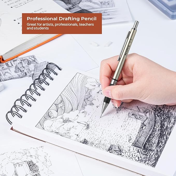 Nicpro 0.5 mm Art Mechanical Pencils Set in Gift Case, 6 PCS Metal Drafting Pencil 0.5mm with 6 Tube HB Lead Refills & 18 PCS Eraser Refills for Adults, Children, Artist Writing, Drawing, Sketching