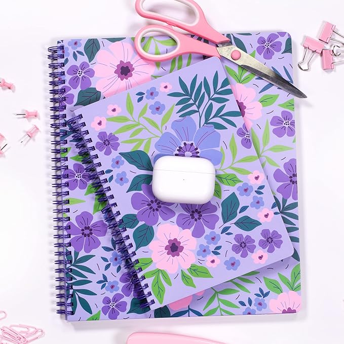 Steel Mill & Co Cute Large Spiral Notebook College Ruled, 11" x 9.5" with Durable Hardcover and 160 Lined Pages, Lilac Floral