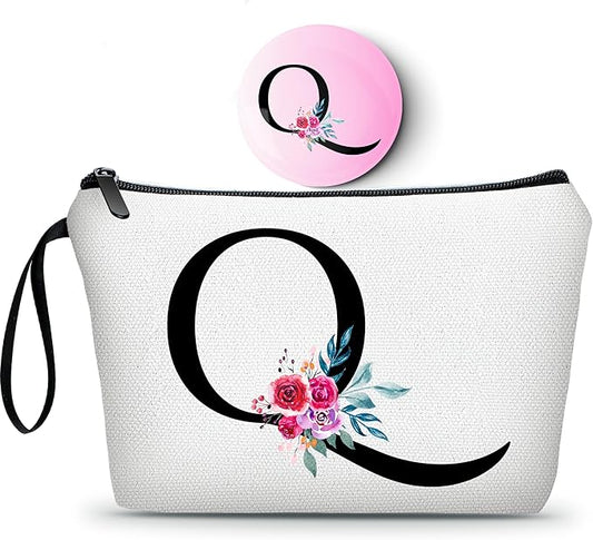Initial Makeup Cosmetic Bag With Mirror Personalized Gifts Presents for Women Friends Mom Women Birthday Gift Ideas,(Q)