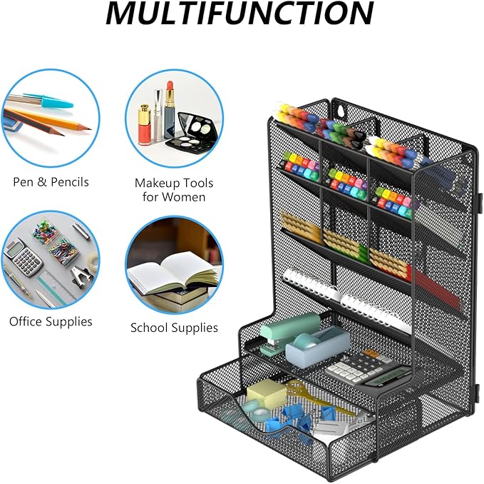 Pen Organizer for Desk, Multi-Functional Desk Organizer, Wall Mount Pen Holder with Drawer for School, Office, Home, Art Supplies, Black