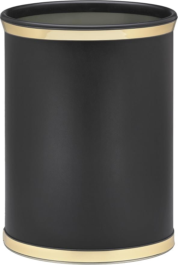 Kraftware Sophisticates Black/Polished Gold Brass Waste Basket with 3/4-Inch Bands and Brass Bumper