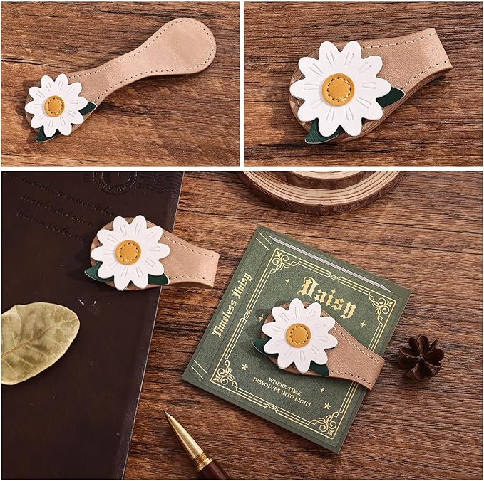 2PCS Vintage Magnetic Leather Bookmark, Leather Magnetic Bookmarks for Women, Magnetic PU Bookmarks Clip Book Accessories, Daisy & Tulip