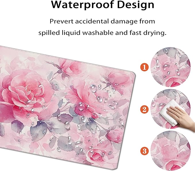 31.5”x11.8”Large Gaming Mouse Pad for Desk, Mouse Mat with Seamed Edges, Waterproof Desk Pad, Non-Slip Rubber Base, Keyboard Pad Computer Mat, Big XL Mousepad-Pink Roses Watercolor
