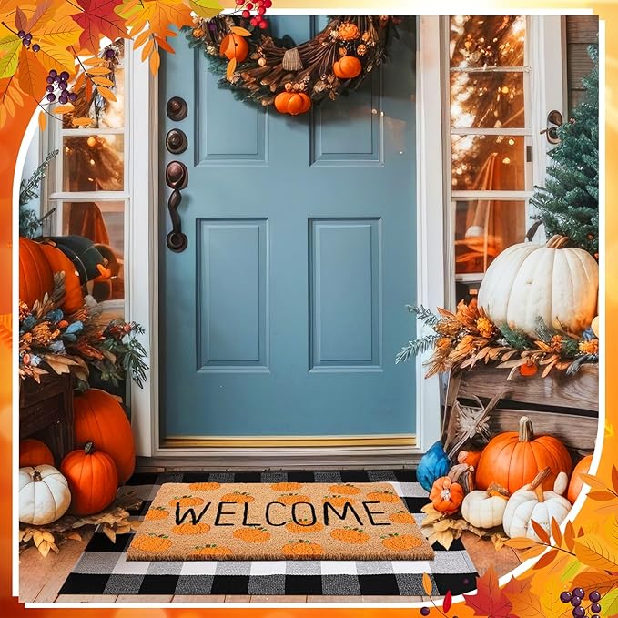 2 Pcs Thanksgiving Coir Doormat Outdoor Thanksgiving Orange Pumpkin Welcome Outdoor Rugs for Layered Buffalo Black White Plaid Mats for Autumn Fall Front Door Porch Entryway Decor