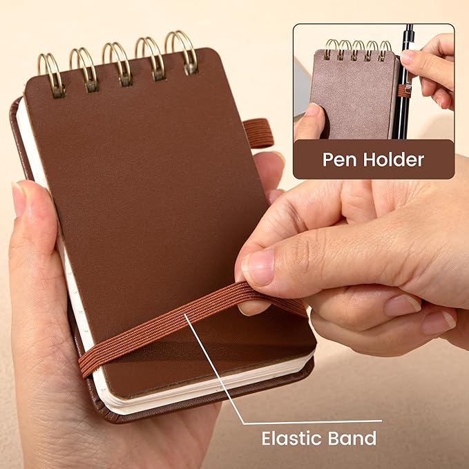 Yoment Small Notebooks 3x5 Leather Pocket Notepad 150 Pages Mini Top Spiral Notebook, 100 GSM Thick Paper, Memo Note Pads for Work School Nursing, Brown