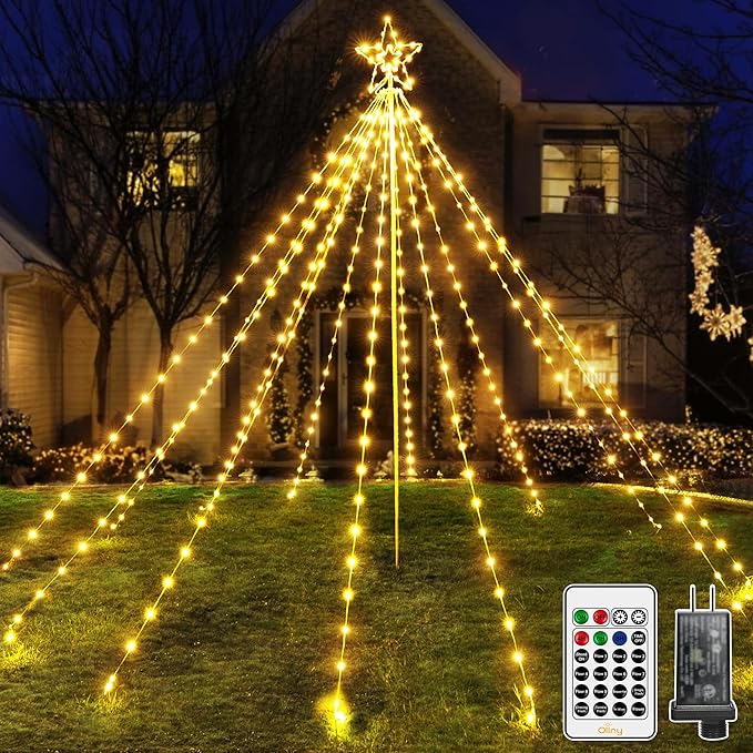 Ollny Christmas Lights Tree 340LED with Topper Star, IP67 Waterproof Remote Control Waterfall Lights with Pole, 16 Modes 3 Timers Dimmable Light Decorations for Outdoor Yard Garden Lawn(Warm White)