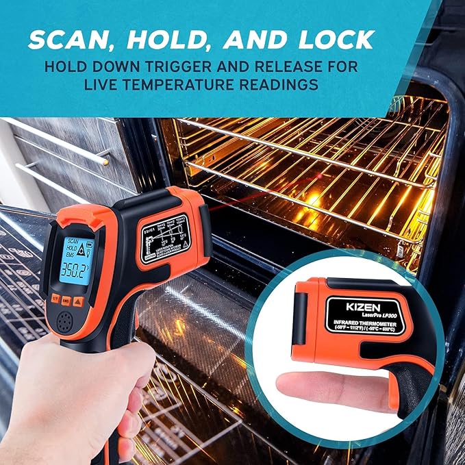 Kizen Infrared Temperature Gun - Handheld Surface Infrared Thermometer for Griddle, Grill, Pizza Oven, Candy, & A/C - Laser Thermometer Gun -58F to 1112F - Surface Temp Gun