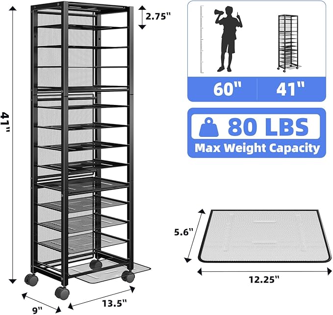 Simple Trending 14 Tier Rolling File Cart, Desk File Organizer with Sliding Trays and Wetal Mesh Paper Letter Storage Multi-Functional Rolling Clutter Cart for Office, Home, School, Black