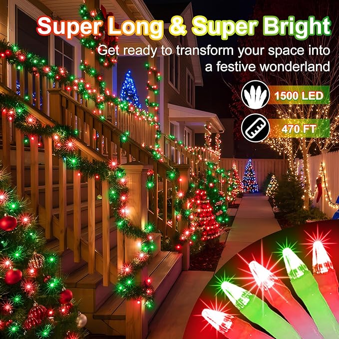 1500 LED 470FT Christmas String Lights Outdoor, 12 Pro Modes and Timer Memory & Brightness, Plug in Waterproof Clear Wire Twinkle Light for for Xmas Yard Tree Wedding Party Decor (Red & Green)