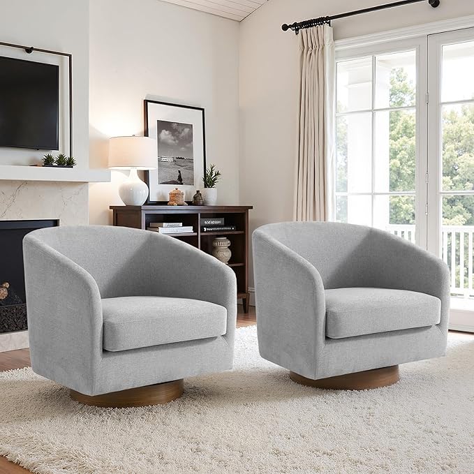 UIXE Swivel Accent Chairs Set of 2, Chenille Upholstered Barrel Chair for Living Room, Comfy Round Armchair Single Sofa Bedroom Reading Seat - 31" W, Light Gray