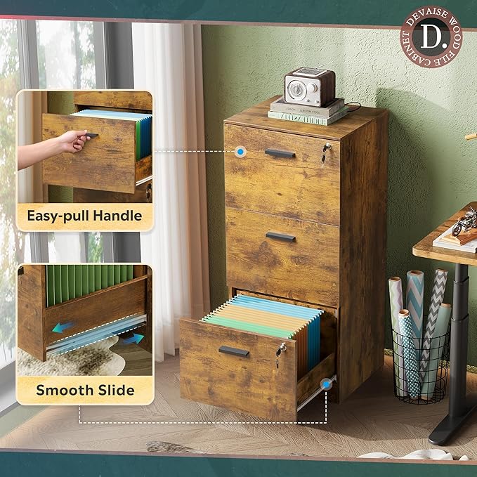 DEVAISE 3 Drawer File Cabinet with Lock, Vertical Wood Filing Cabinet for Home Office, Printer Stand for Letter and A4 Size, Rustic Brown