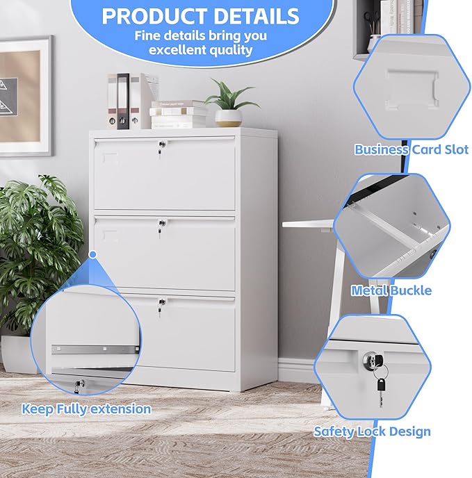 SUXXAN 3 Drawer File Cabinet, Lateral Filing Cabinet with 3 Locks for Home Office, Black File Cabinets with Business Card Holder for Letter/Legal/F4/A4 Hanging Files