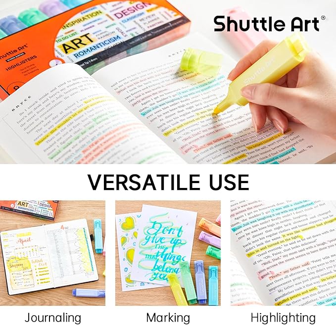 Shuttle Art Pastel Highlighters, 8 Assorted Macaron Colors Highlighter Pens, Chisel Tip Dry-Quickly Non-Toxic Highlighter Markers for Adults Kids Highlighting in the Home School Office