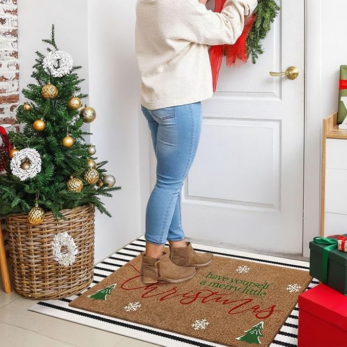 2 Pcs Christmas Door Mat Outdoor Have Yourself a Merry Little Christmas Nature Coir Welcome Outdoor Rug Black White Stripe Xmas Rugs for Front Porch Floor Indoor Entrance Decor