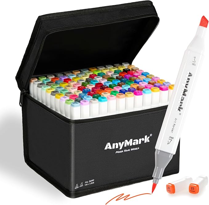 AnyMark Alcohol Markers Brush Tip, 120+1 Colors Dual Tip Brush & Chisel Alcohol-Based Art Markers Set with Case for Kids Adult Artists Drawing Coloring