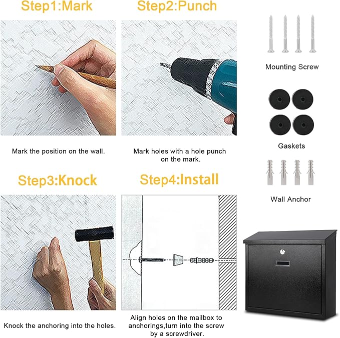 xydled Mail Boxes with Key Lock,Locking Mailbox Wall Mounted,Security Mailbox with Lock and Key,Large Capacity,Steel Cover Metal Postbox for House,14.2X 4X 12.6 Inch, Black