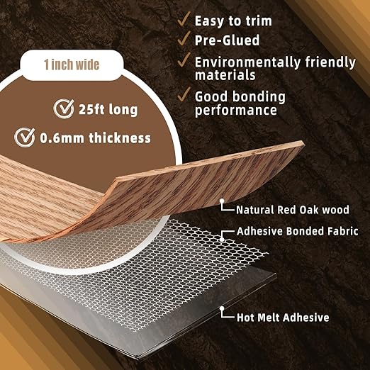 GSCIT Club Red Oak Edge Banding, 1 inch x 25ft roll of Veneer Edge Banding Preglued Flexible, Real Wood Tape Banding