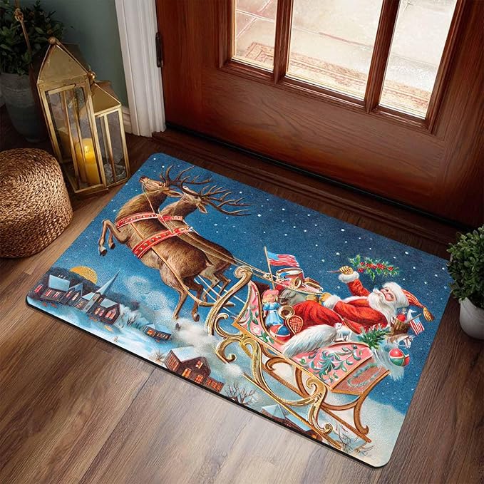 InterestPrint Christmas Reindeer Santa Claus Door Mat Indoor Outdoor, Non-Slip Rubber Christmas Doormat Inside Outside Entrance Welcome Floor Mat for Home Holiday Decor, 18" x 30"Inch