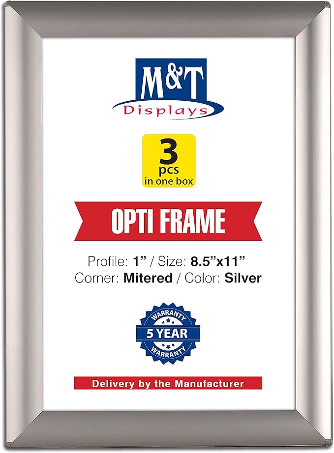 M&T Displays Silver 8.5x11 Poster Frame 1 inch Aluminum Profile Front Loading Wall Mounting Opti Snap Frame Display for Picture, Document or Certificate with Mitred Corner (3 Pack)