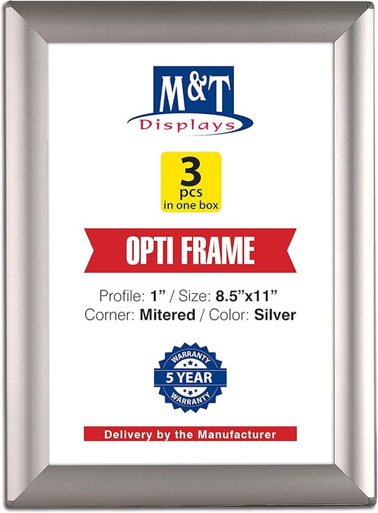 M&T Displays Silver 8.5x11 Poster Frame 1 inch Aluminum Profile Front Loading Wall Mounting Opti Snap Frame Display for Picture, Document or Certificate with Mitred Corner (3 Pack)