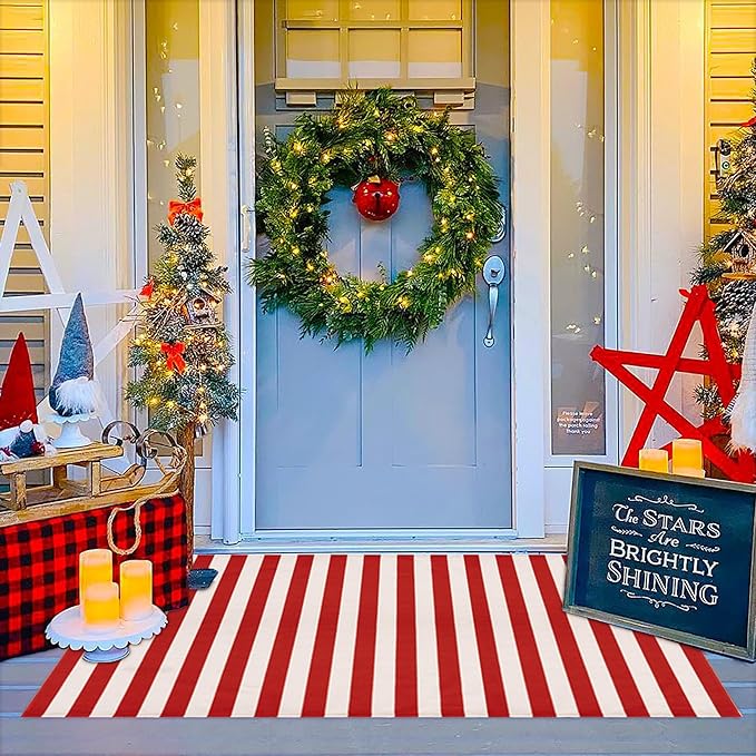 Christmas Red & White Striped Rug - 3' x 5' Outdoor Front Door Decor Mat Cotton Washable Hand-Woven Rug Christmas New Year Holiday Porch Entryway Layered Doormat