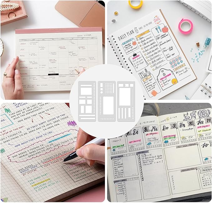 Handmade Flexible Record Template, Planner Stencil Set for Dot Grid Journals, Flexible Drawing and Checklist Templates, for Journaling Checklists, Lines, Boxes & Daily Planning, 3 Pack