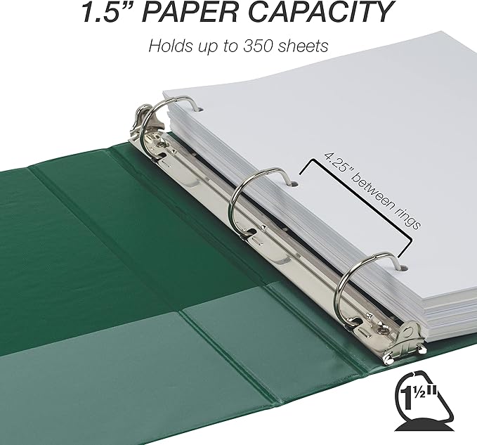 Samsill Durable 1.5 inch 3 Ring Binder, Made in USA, D Ring Binder, FSC 100% Recycled Chipboard, Green, 4 Pack