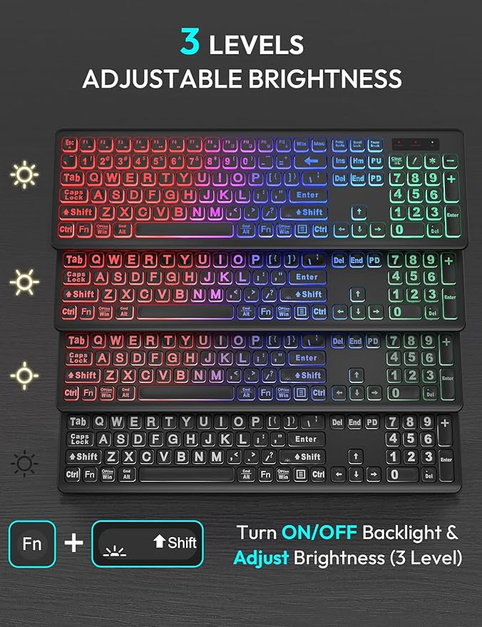 Wireless Keyboard and Mouse Combo - Large Print, RGB Backlit, Oversize Light Up Letters, Rechargeable, Ergonomic Tilt Leg, Sleep Mode, 2.4GHz Quiet Keyboard Mouse for Mac, Windows, Laptop, PC, Trueque