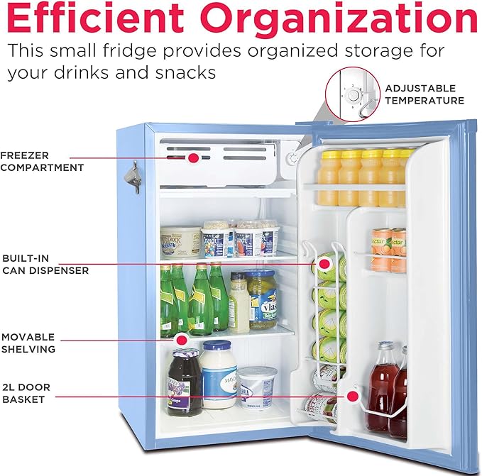 Frigidaire Retro Compact Fridge with Chiller, 3.2 cu ft Countertop Fridge with Built-In Bottle Opener, Compact Refrigerator for Office, Bedroom, Dorm Room or Cabin - 16.5" D x 19" W x 31" H (Blue)