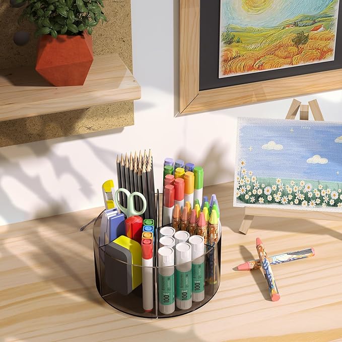 Acrylic Pen Organizer, 360 Degree Rotating Desk Organizer with 6 Compartments Crayon Holder for Office, School, Home, Art Supply, Grey