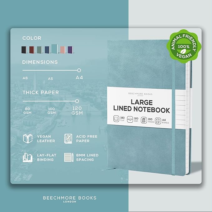 BEECHMORE BOOKS Ruled Journal Notebook, A4 8.5 x 11.5 inch 160 Lined Pages, Hardcover Leather Journals For Women, Men, Writing And Notebooks For Work - 120 GSM Thick Paper, Gifts Box Included