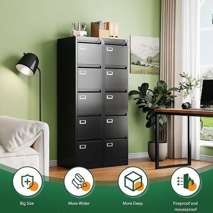 Letaya 5 Drawer File Cabinet with Lock,Metal Office Filing Cabinets for Home Office- Storage A4/F4/Letter/Legal -Assembly Required (Black)