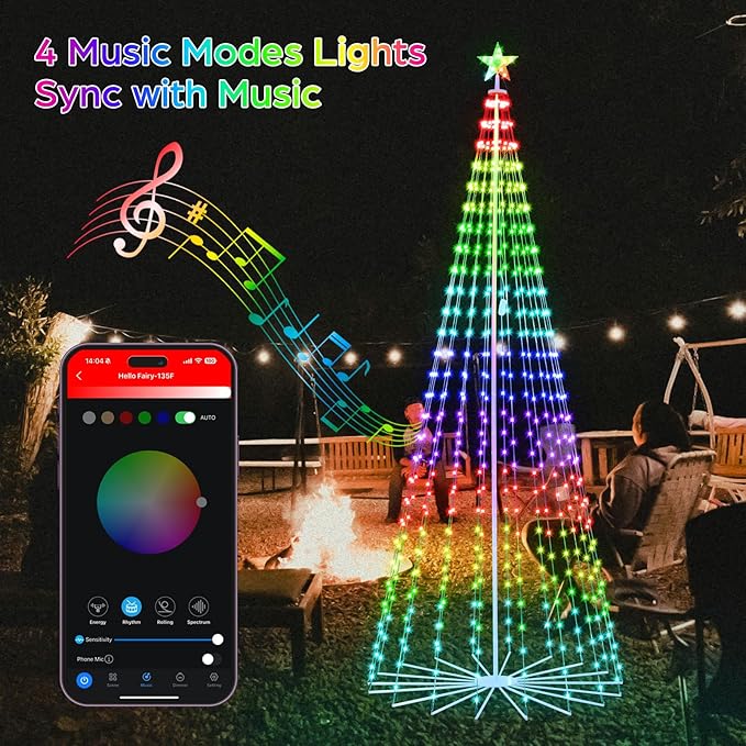 10FT Smart Christmas Tree Lights with App & Remote Control, 514 RGB Color Changing LED Cone Tree Lights, Music Sync, Custom Light Show, IP44 Waterproof Outdoor Decoration for Xmas, New Year, Parties