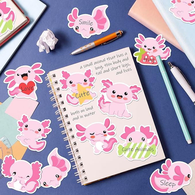 Xqumoi 30 Pack Cute Axolotl Sticky Notes, Mexican Walking Fish Shaped Self Sticky Notepads Animal Writing Memo Pads Teacher Appreciation Gift Back to School Office Supplies Birthday Party Favors