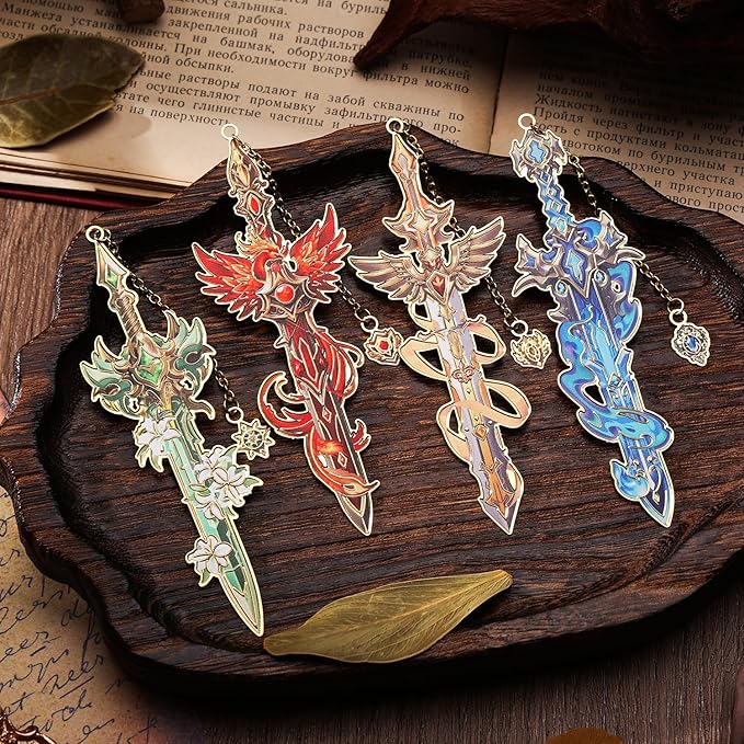 Fantasy Sword Bookmarks 4pcs - Medieval Knight Warrior Metal Book Marks for Readers, Gifts for Book Lovers, Cool Literary Page Holders for Reading Accessories, Men Women Teens, Christmas Birthday