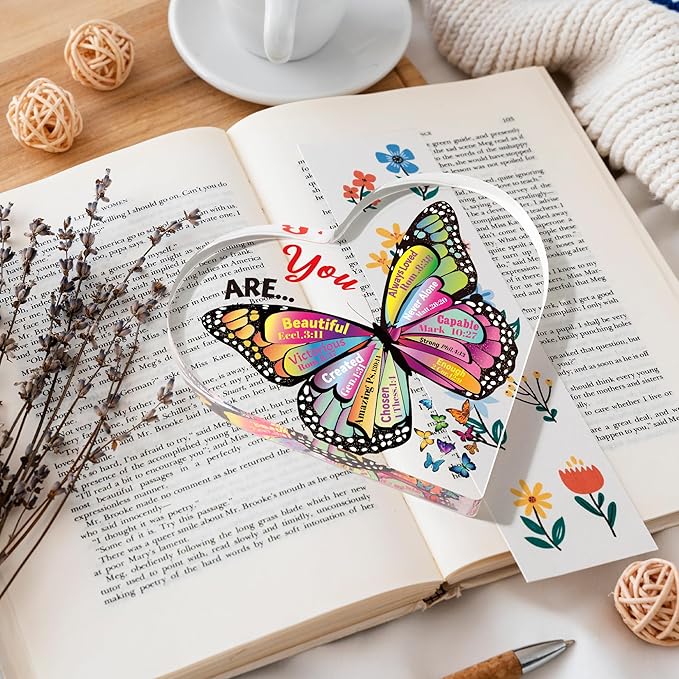 Yopyame Christian Heart Acrylic Gifts - Religious Inspirational Acrylic Sign with Bible Verses Butterfly Prayer Scripture Keepsake Paperweight for Women Men Birthday Christmas Home Office Table Shelf