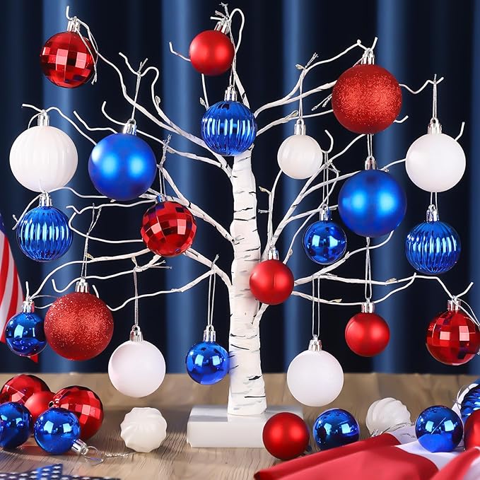 64 Pcs Veterans Day Patriotic Christmas Ball Ornaments Bulk Red White Blue Christmas Tree Ornaments 1.6/1.97/2.4 Inch Xmas Baubles 4th of July Xmas Decorations for Tree Home Wreath Decor
