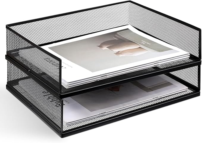 2 Pack Stackable Letter Tray, Wire Mesh Desk File Organizer Metal Desktop Paper Sorter Desk Tray Document Magazine Storage Basket for Home Office Supplies - Transverse Load, Black